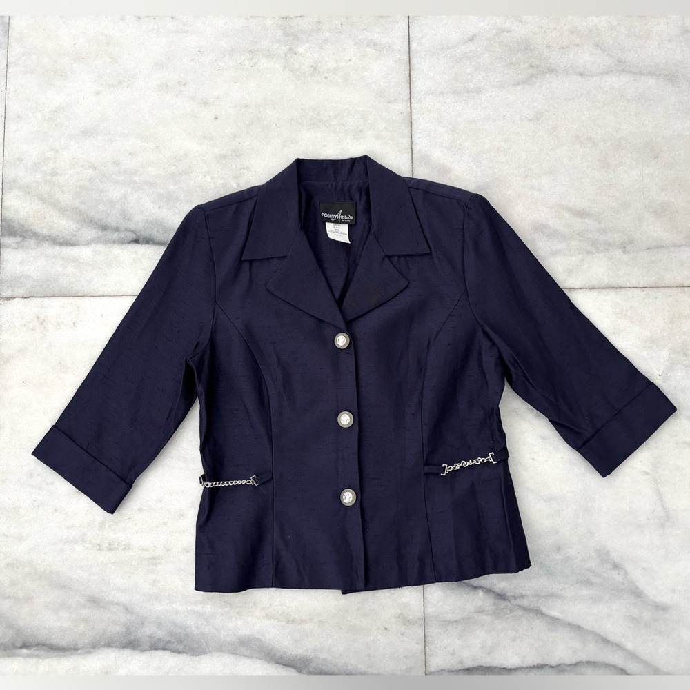 Vintage Positive Attitude Blazer Navy Blue Satin Chain Women 12P USA Office 90s